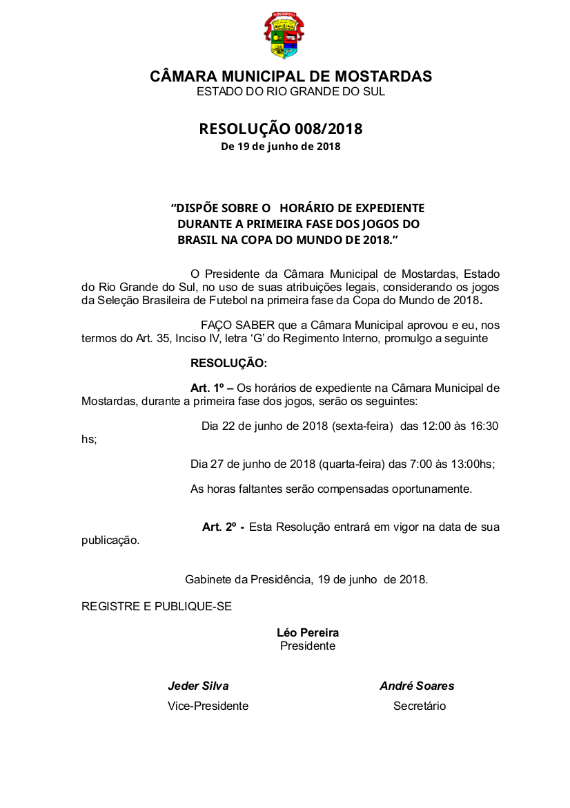 Resolução determina horário de expediente da Câmara Municipal