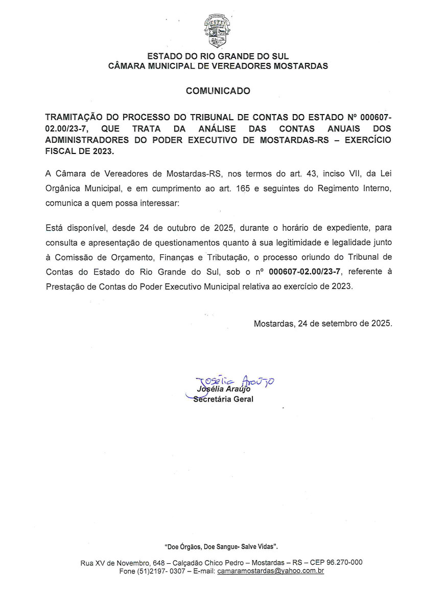 Disponível Processo do Tribunal de Contas do Estado das contas anuais do Poder Executivo - Exercício 2023. 