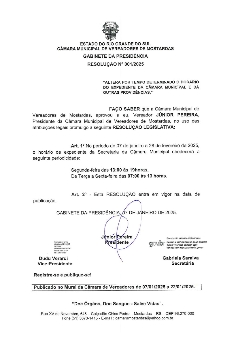 Câmara Municipal de Mostardas volta ao horário regular