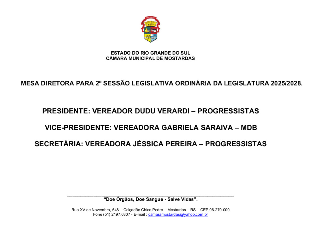 Mesa Diretora 2026 da Câmara Municipal de Vereadores